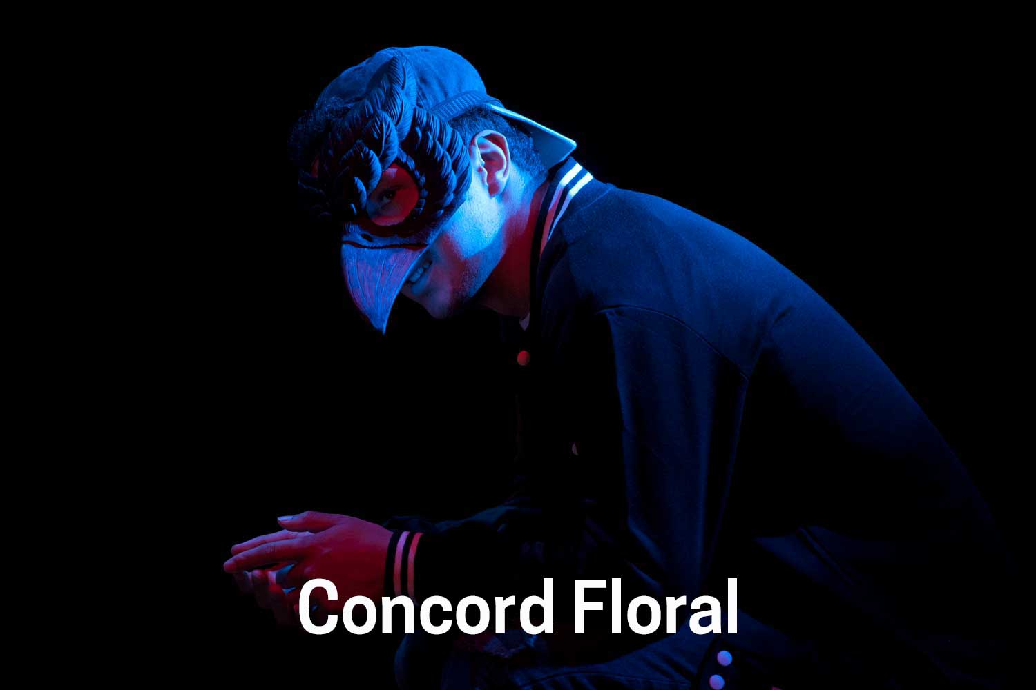 Student wearing crow mask acting in a play
